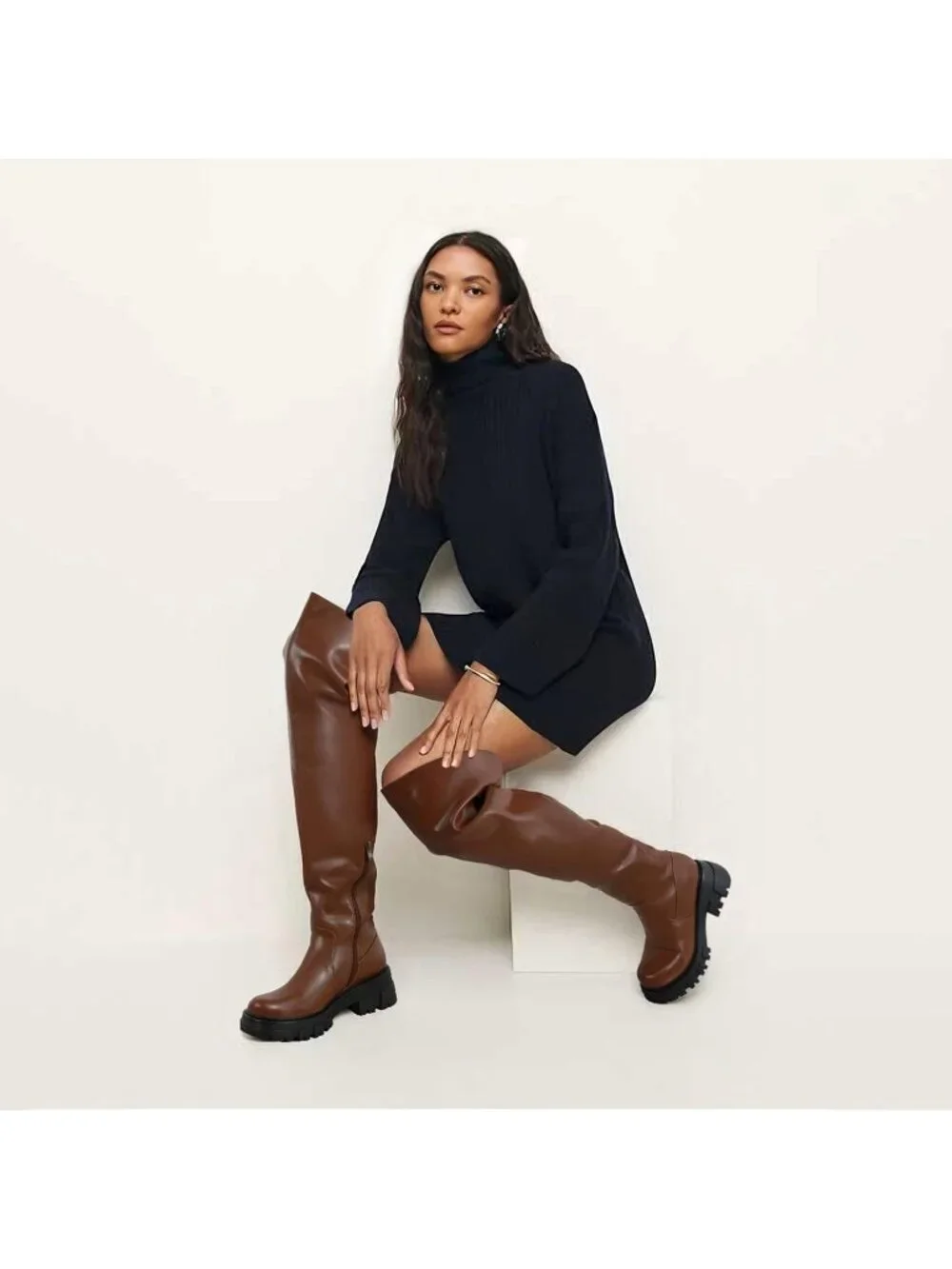 Women's Brown Platform Slouch Lug Sole Low Chunky Heel Over The Knee High Boots